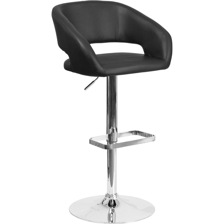 Contemporary Black Vinyl Adjustable Height Barstool with Rounded Mid-Back and Chrome Base