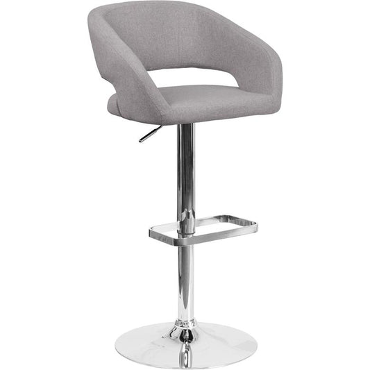 Contemporary Gray Fabric Adjustable Height Barstool with Rounded Mid-Back and Chrome Base