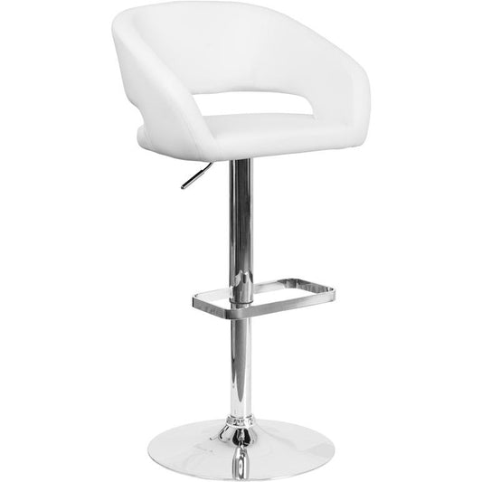 Contemporary White Vinyl Adjustable Height Barstool with Rounded Mid-Back and Chrome Base