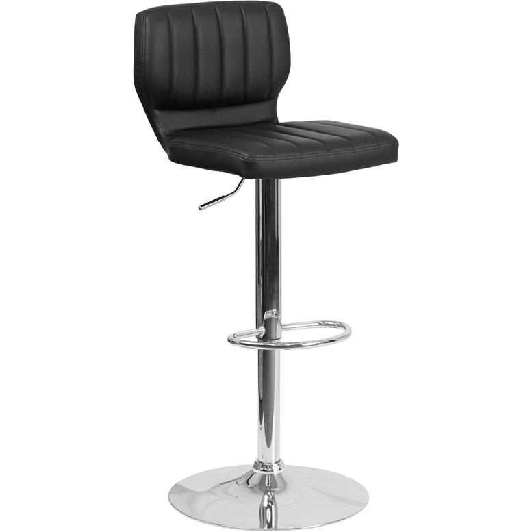 Contemporary Black Vinyl Adjustable Height Barstool with Vertical Stitch Back and Chrome Base