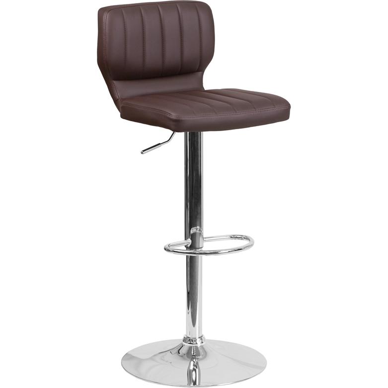 Contemporary Brown Vinyl Adjustable Height Barstool with Vertical Stitch Back and Chrome Base