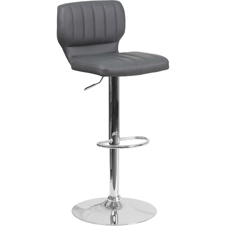 Contemporary Gray Vinyl Adjustable Height Barstool with Vertical Stitch Back and Chrome Base