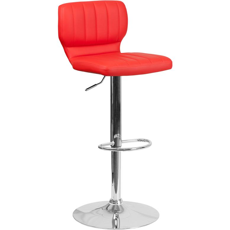 Contemporary Red Vinyl Adjustable Height Barstool with Vertical Stitch Back and Chrome Base