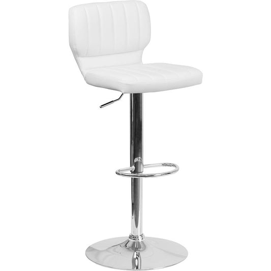 Contemporary White Vinyl Adjustable Height Barstool with Vertical Stitch Back and Chrome Base