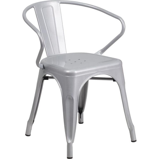 Commercial Grade Silver Metal Indoor-Outdoor Chair with Arms