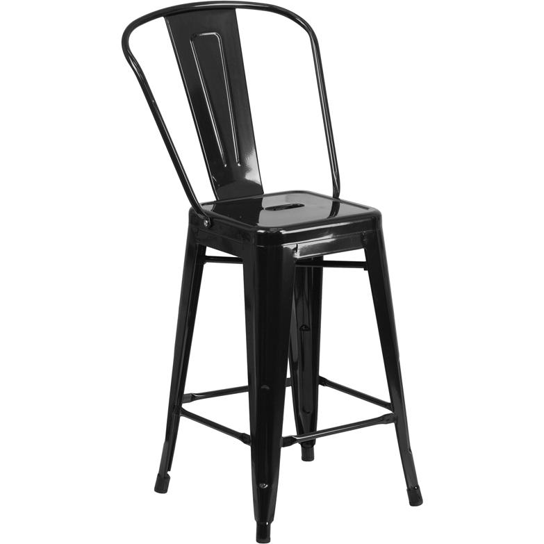 Commercial Grade 24" High Black Metal Indoor-Outdoor Counter Height Stool with Removable Back