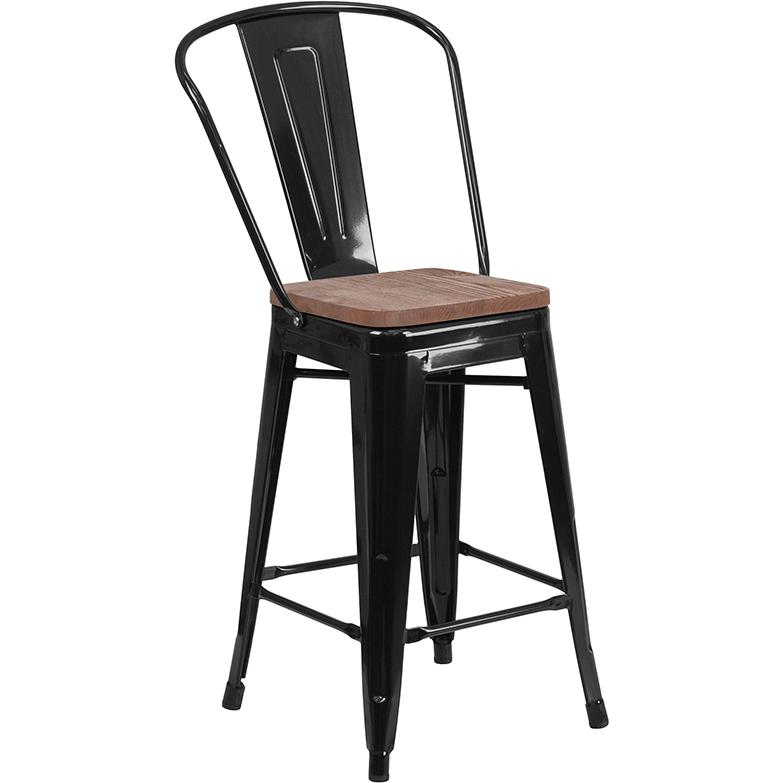 24" High Black Metal Counter Height Stool with Back and Wood Seat