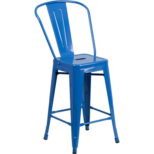 Commercial Grade 24" High Blue Metal Indoor-Outdoor Counter Height Stool with Removable Back