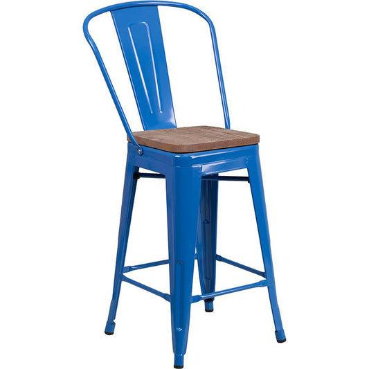 24" High Blue Metal Counter Height Stool with Back and Wood Seat