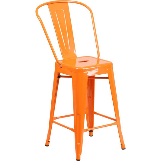 Commercial Grade 24" High Orange Metal Indoor-Outdoor Counter Height Stool with Removable Back