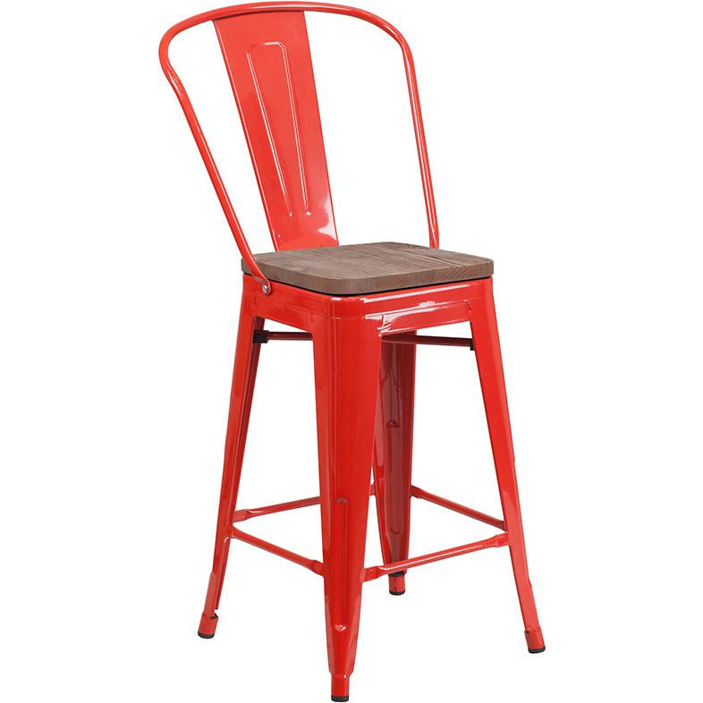 24" High Red Metal Counter Height Stool with Back and Wood Seat