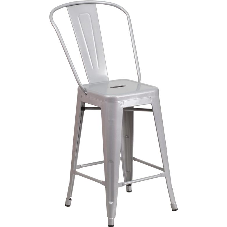 Commercial Grade 24" High Silver Metal Indoor-Outdoor Counter Height Stool with Removable Back