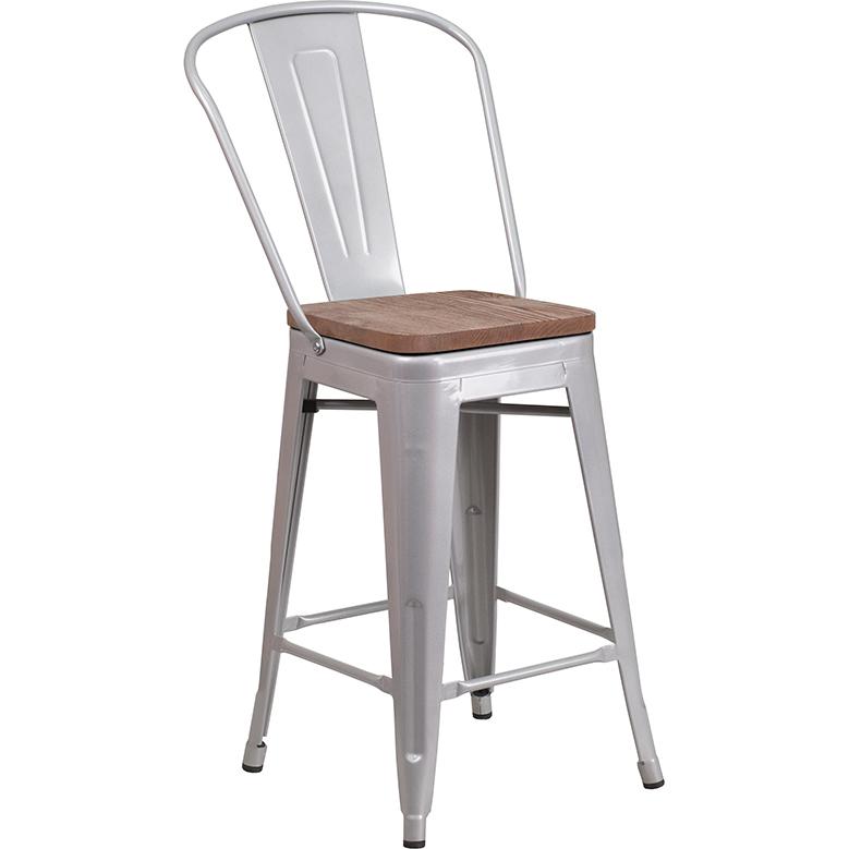 24" High Silver Metal Counter Height Stool with Back and Wood Seat