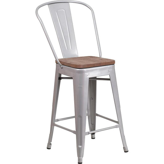 24" High Silver Metal Counter Height Stool with Back and Wood Seat