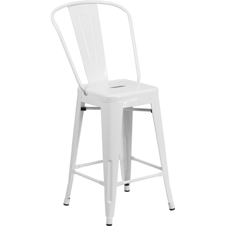 Commercial Grade 24" High White Metal Indoor-Outdoor Counter Height Stool with Removable Back