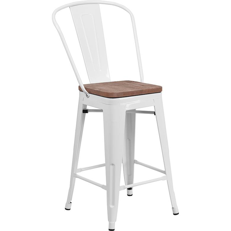 24" High White Metal Counter Height Stool with Back and Wood Seat