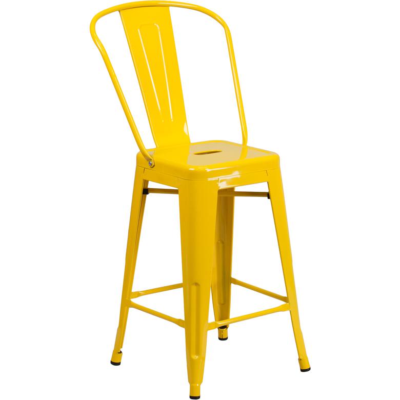 Commercial Grade 24" High Yellow Metal Indoor-Outdoor Counter Height Stool with Removable Back