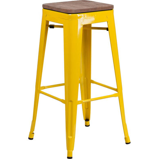 30" High Backless Yellow Metal Barstool with Square Wood Seat