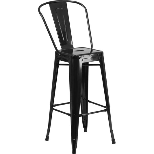 Commercial Grade 30" High Black Metal Indoor-Outdoor Barstool with Removable Back