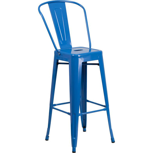 Commercial Grade 30" High Blue Metal Indoor-Outdoor Barstool with Removable Back