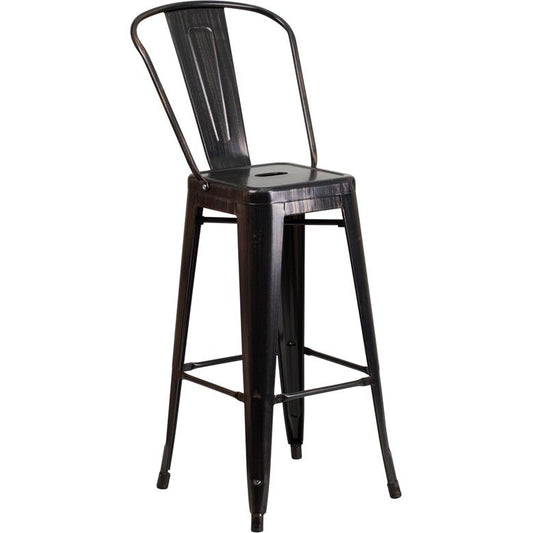 Commercial Grade 30" High Black-Antique Gold Metal Indoor-Outdoor Barstool with Removable Back