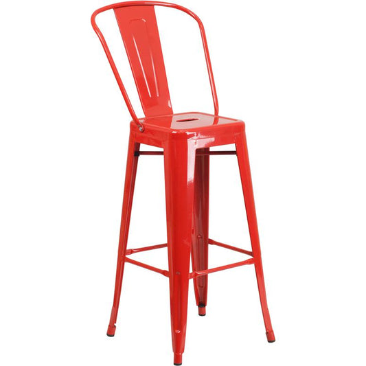 Commercial Grade 30" High Red Metal Indoor-Outdoor Barstool with Removable Back