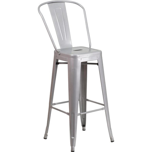 Commercial Grade 30" High Silver Metal Indoor-Outdoor Barstool with Removable Back