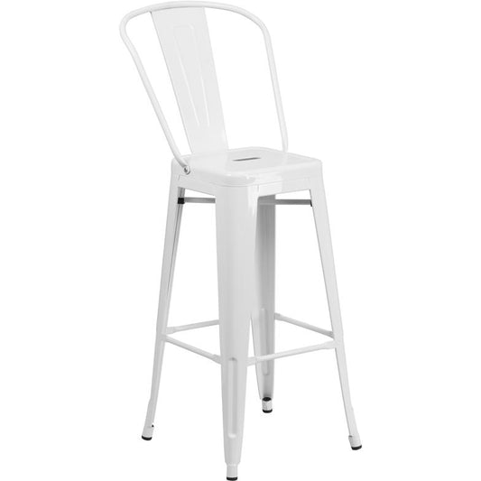 Commercial Grade 30" High White Metal Indoor-Outdoor Barstool with Removable Back