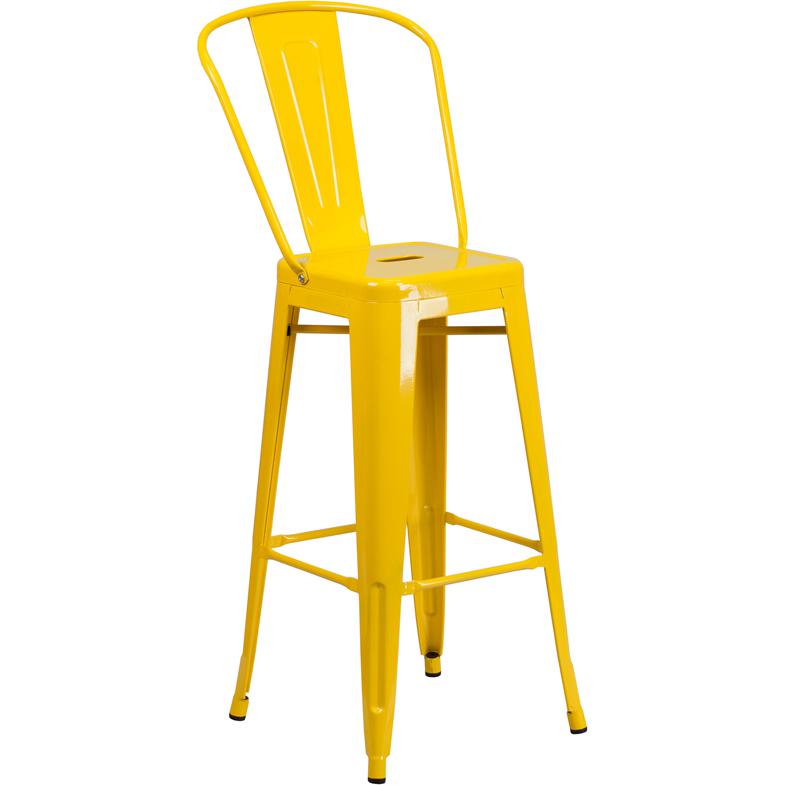 Commercial Grade 30" High Yellow Metal Indoor-Outdoor Barstool with Removable Back