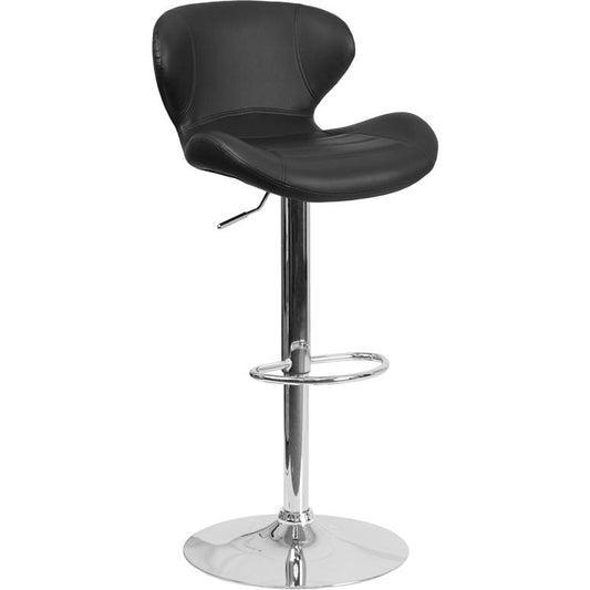 Contemporary Black Vinyl Adjustable Height Barstool with Curved Back and Chrome Base