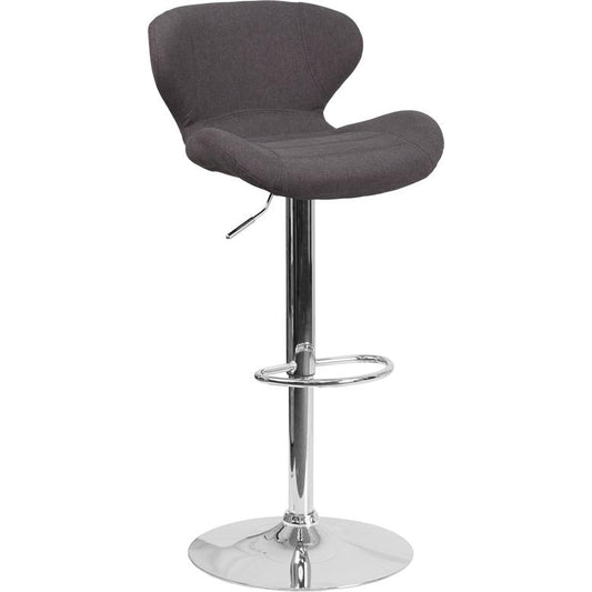 Contemporary Charcoal Fabric Adjustable Height Barstool with Curved Back and Chrome Base