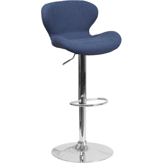 Contemporary Blue Fabric Adjustable Height Barstool with Curved Back and Chrome Base