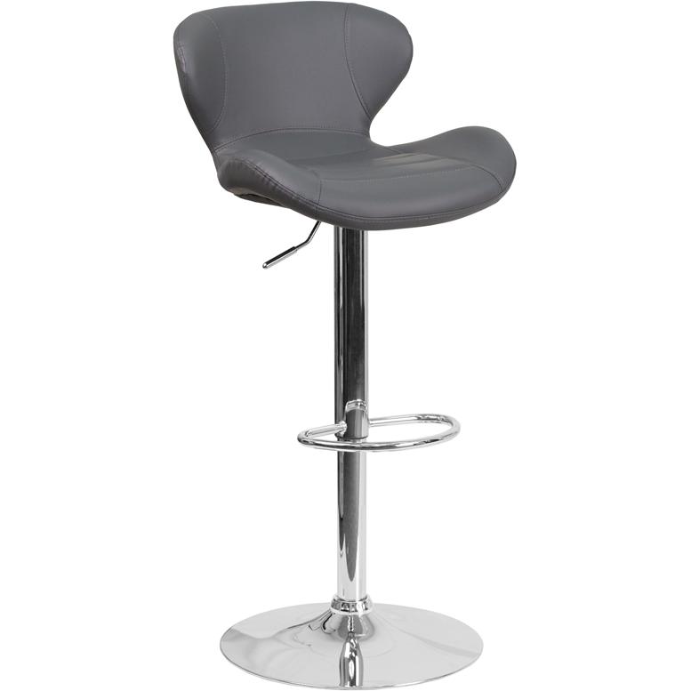 Contemporary Gray Vinyl Adjustable Height Barstool with Curved Back and Chrome Base