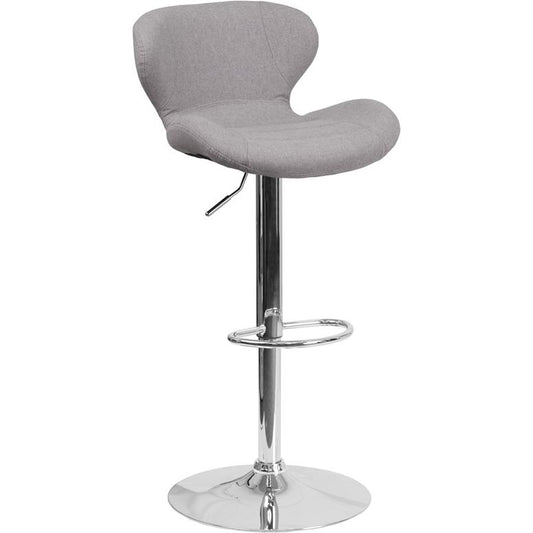 Contemporary Gray Fabric Adjustable Height Barstool with Curved Back and Chrome Base