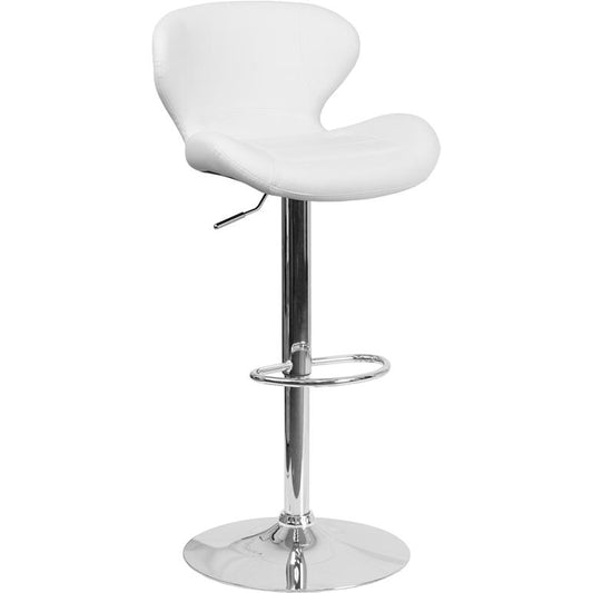 Contemporary White Vinyl Adjustable Height Barstool with Curved Back and Chrome Base