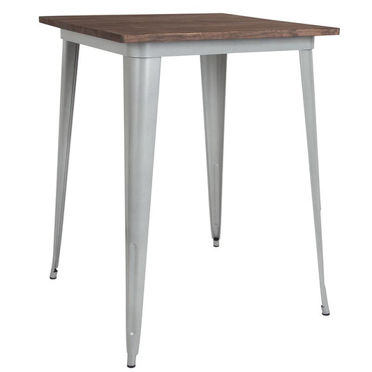 31.5" Square Silver Metal Indoor Bar Height Table with Walnut Rustic Wood Top