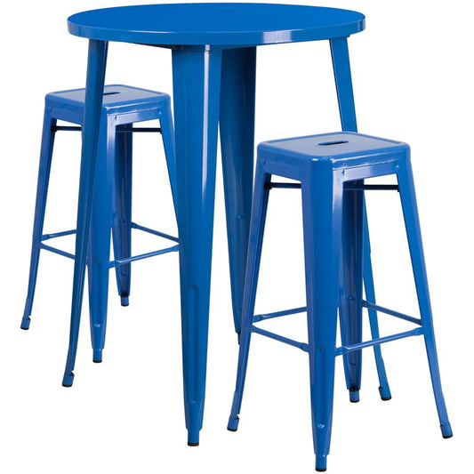 30'' Round Blue Metal In-Outdoor Bar Table Set - 2 Square Seat Backless Stools