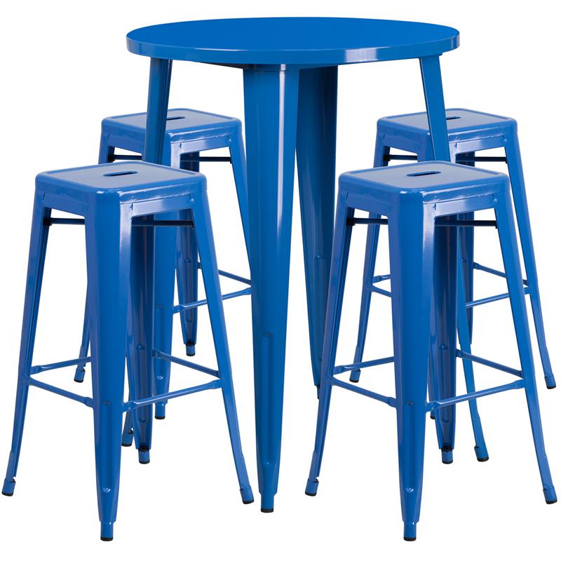 30'' Round Blue Metal In-Outdoor Bar Table Set - 4 Square Seat Backless Stools