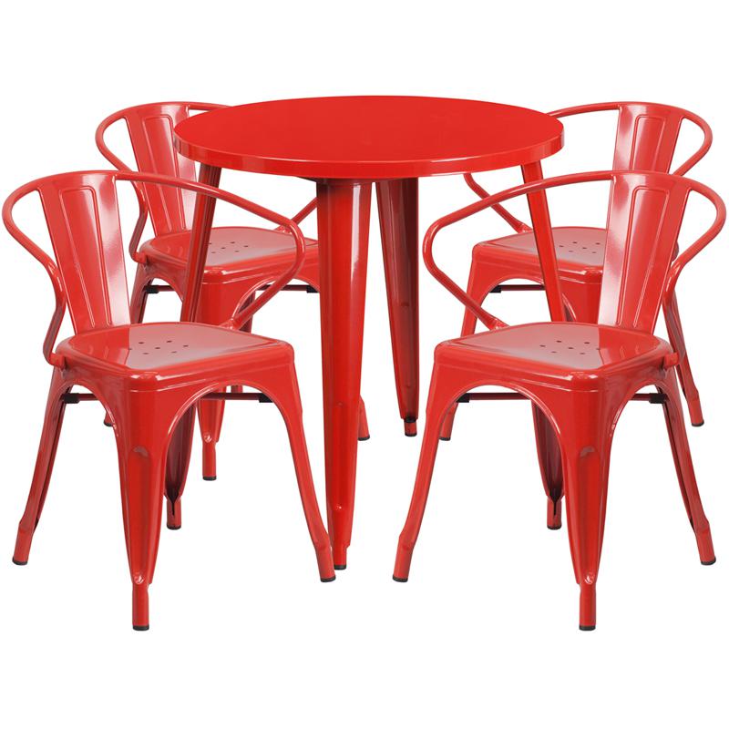 30'' Round Red Metal Indoor-Outdoor Table Set with 4 Arm Chairs