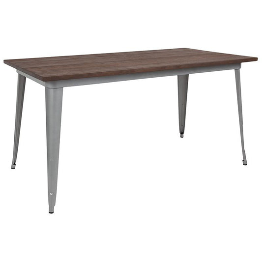 30.25" x 60" Rectangular Silver Metal Indoor Table with Walnut Rustic Wood Top