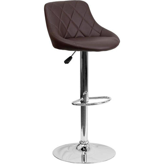 Contemporary Brown Vinyl Bucket Seat Adjustable Height Barstool with Diamond Pattern Back and Chrome Base