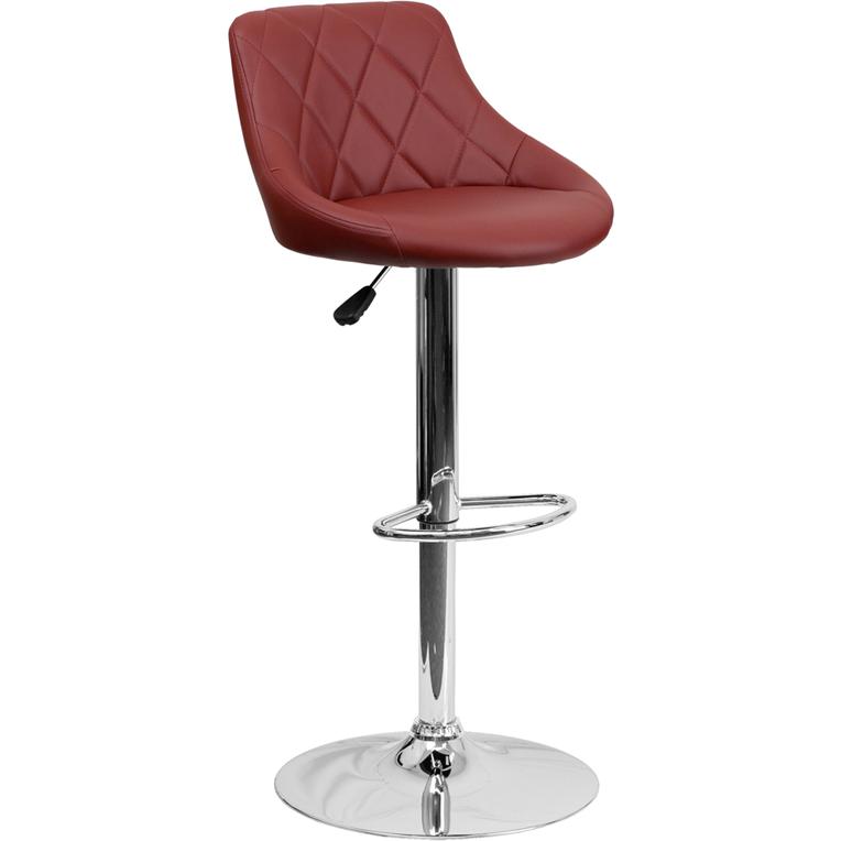 Contemporary Burgundy Vinyl Bucket Seat Adjustable Height Barstool with Diamond Pattern Back and Chrome Base