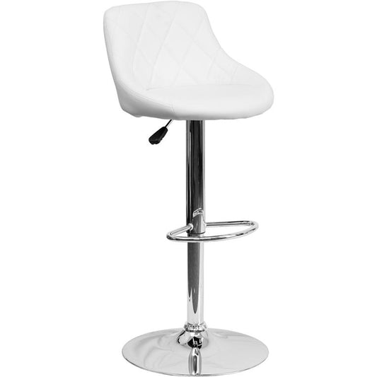 Contemporary White Vinyl Bucket Seat Adjustable Height Barstool with Diamond Pattern Back and Chrome Base