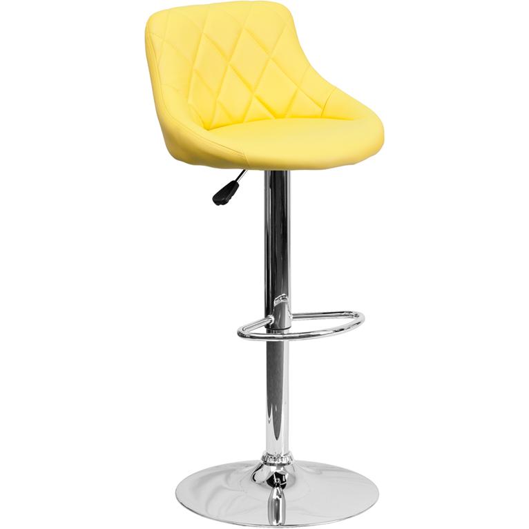 Contemporary Yellow Vinyl Bucket Seat Adjustable Height Barstool with Diamond Pattern Back and Chrome Base