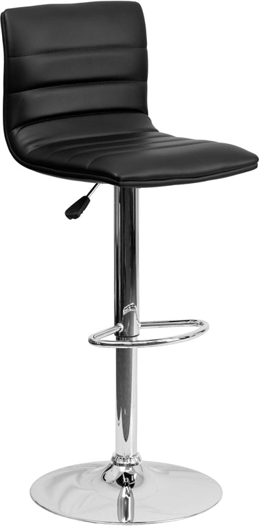 Modern Black Vinyl Adjustable Bar Stool with Back, Counter Height Swivel Stool with Chrome Pedestal Base