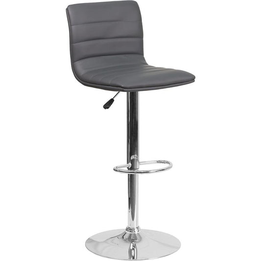 Modern Gray Vinyl Adjustable Bar Stool with Back, Counter Height Swivel Stool with Chrome Pedestal Base