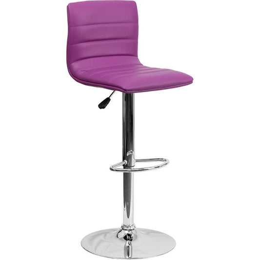 Modern Purple Vinyl Adjustable Bar Stool with Back, Counter Height Swivel Stool with Chrome Pedestal Base