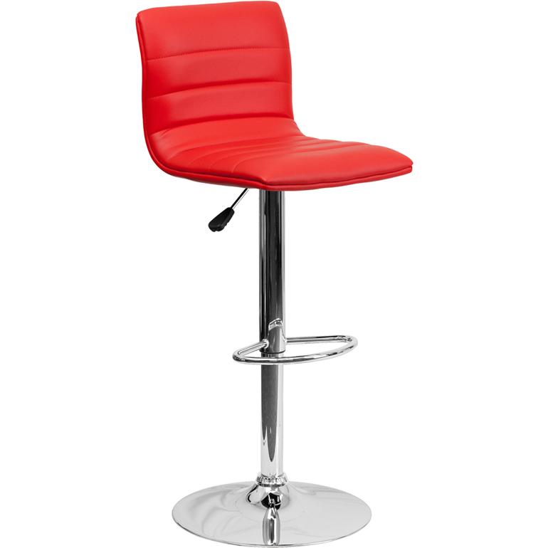 Modern Red Vinyl Adjustable Bar Stool with Back, Counter Height Swivel Stool with Chrome Pedestal Base