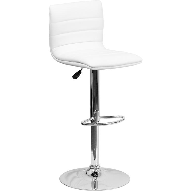 Modern White Vinyl Adjustable Bar Stool with Back, Counter Height Swivel Stool with Chrome Pedestal Base