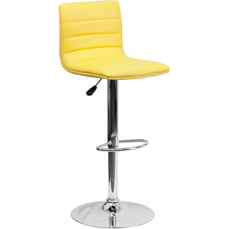 Modern Yellow Vinyl Adjustable Bar Stool with Back, Counter Height Swivel Stool with Chrome Pedestal Base